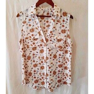 Soho Jeans New York & Company White Sleeveless Floral Blouse Womens Large